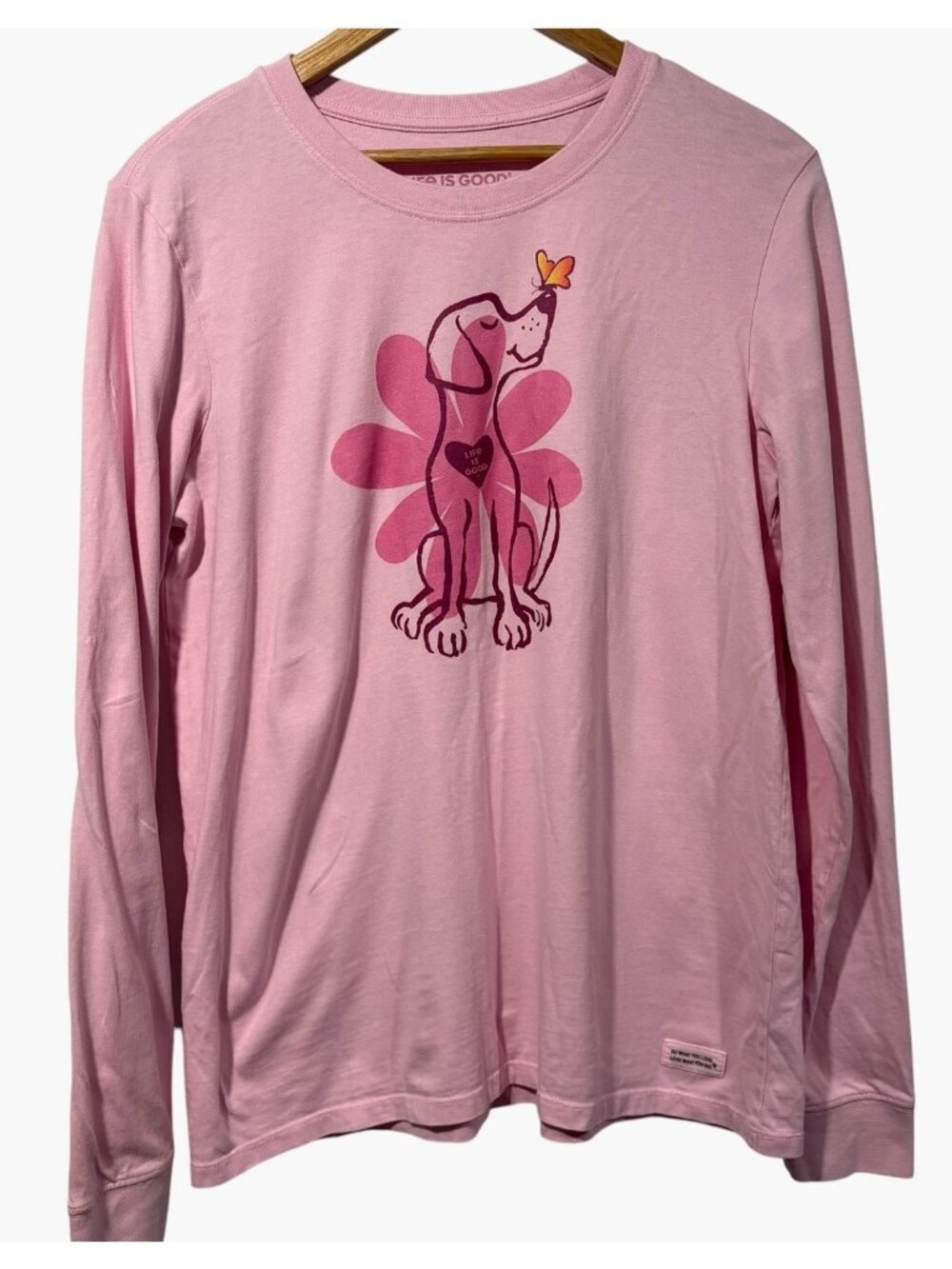 Life Is Good Womens Spring Daisy Dog T-Shirt Long Sleeve Pink Sz L Butterfly